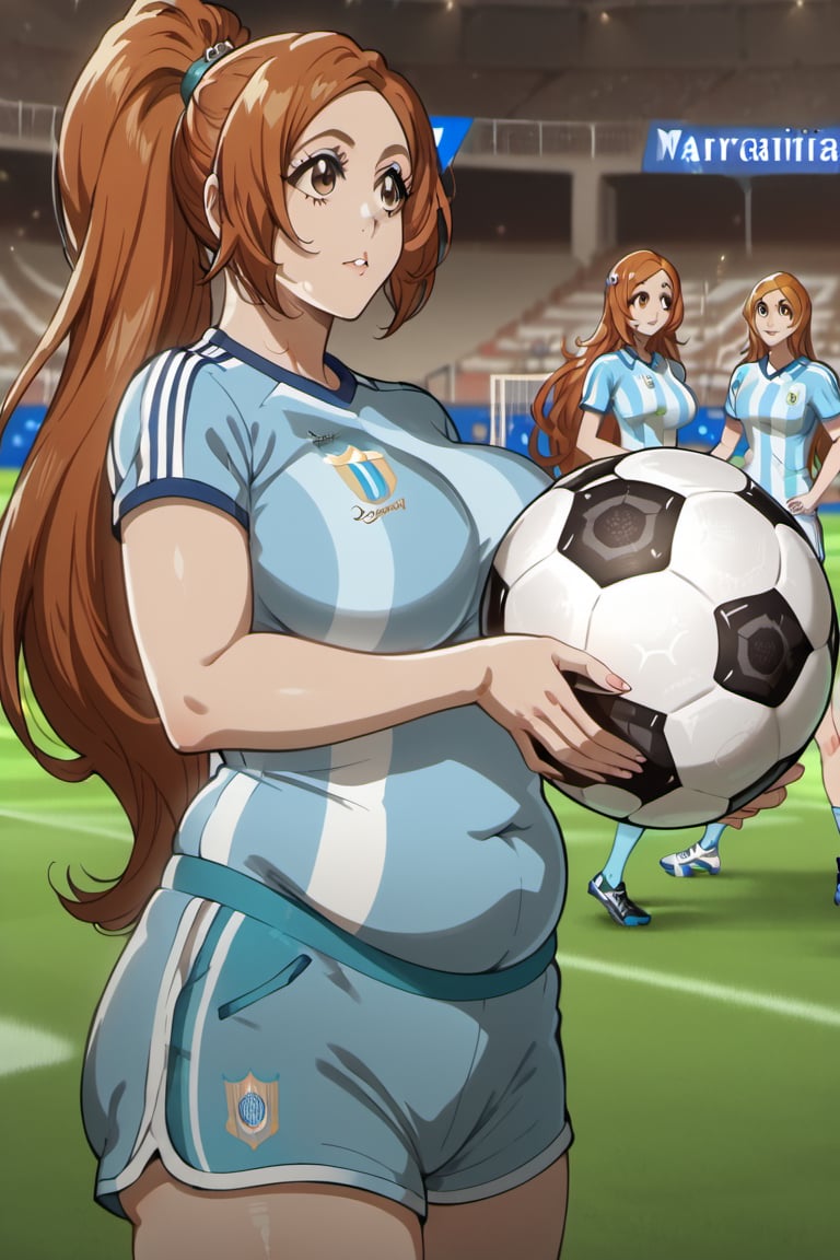 ⚽️, 1girls, orihime Inoue (brown eyes)(chubby female)(mature)(cougar),beautiful woman, long light a high ponytail. Light brown eyes.  Sport clothes, shorts and t-shirt(argentina national soccer team). Sporty. Soccer.background tribunein,the middle of the stands, holding the championship cup