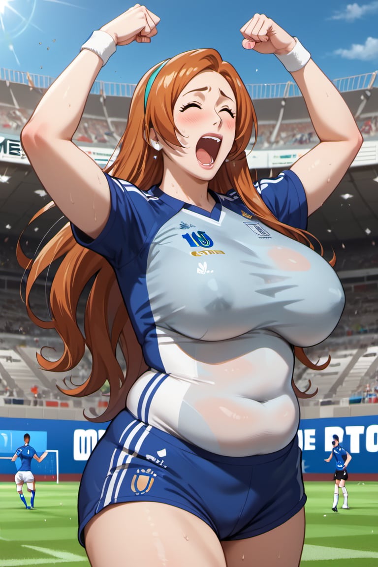 masterpiece, best quility, high_quality, high_resolution, masterpiece,1girl, mature, chubby_female, cougar, Orihime Inoue(without buckles), masterpiece, best quility, high_quality, high_resolution, masterpiece, Masterpiece,best quality,sportswear,soccer uniform,shirt,shorts,light blue and white batons, background tribunein,the middle of the stands, in the middle of the stands watching the game, cheering and shouting