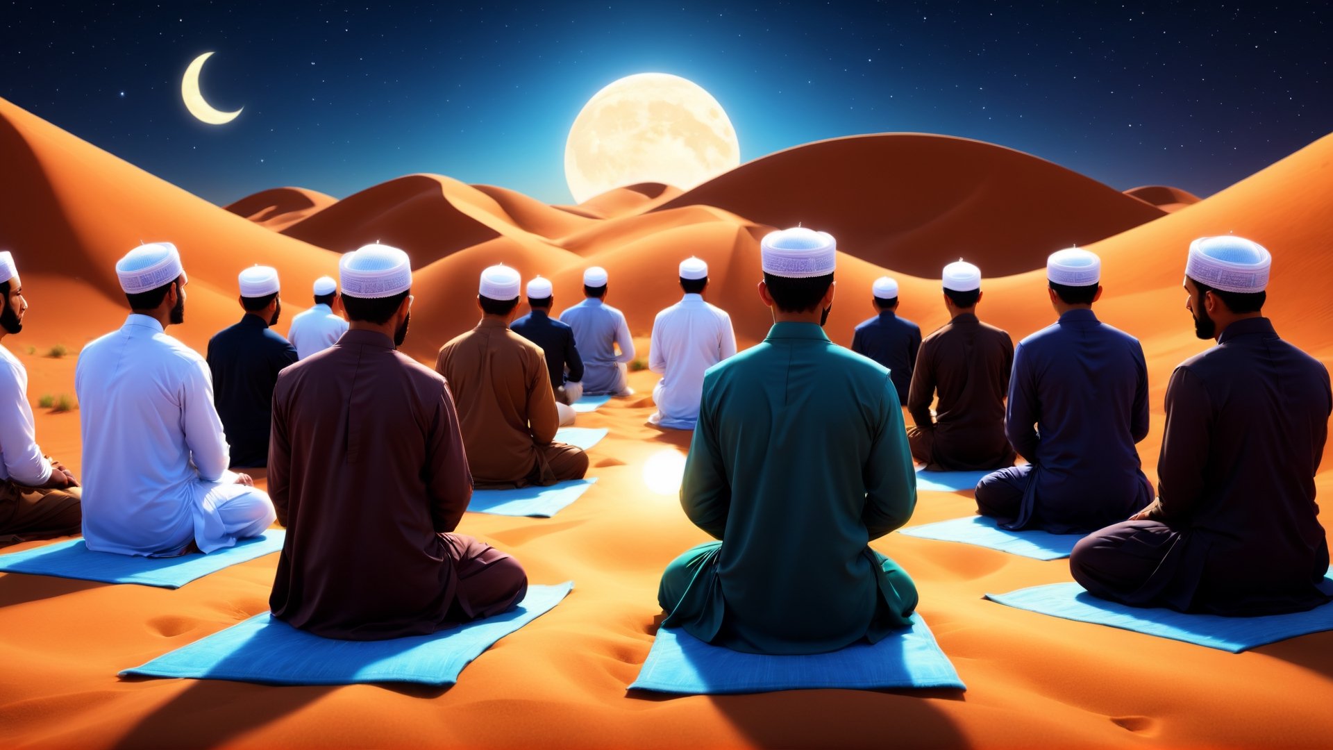 a detailed 8k illustration, several handsome muslim man perform salaah in congregation in the middle of desert at night, a majestic sky   .  detailmaster2, 