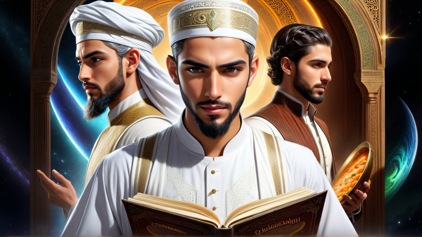 a detailed epic poster,  a handsome white muslim scholar young man looking at three different menu options, DonMASKTexXL , 