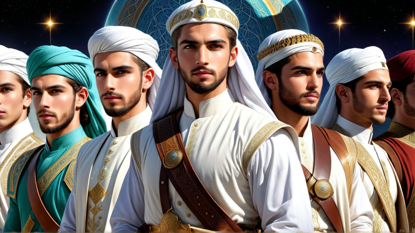 a detailed epic poster,   several handsome white muslim young men , history  , DonMASKTexXL , 