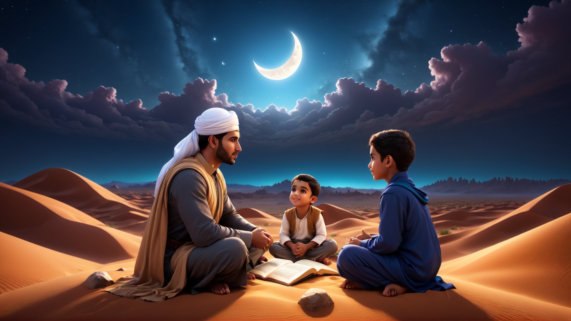 a detailed 8k illustration, a handsome muslim man sharing his story to several small muslim kids sitting in the middle of desert at night, a majestic sky   .  detailmaster2, 