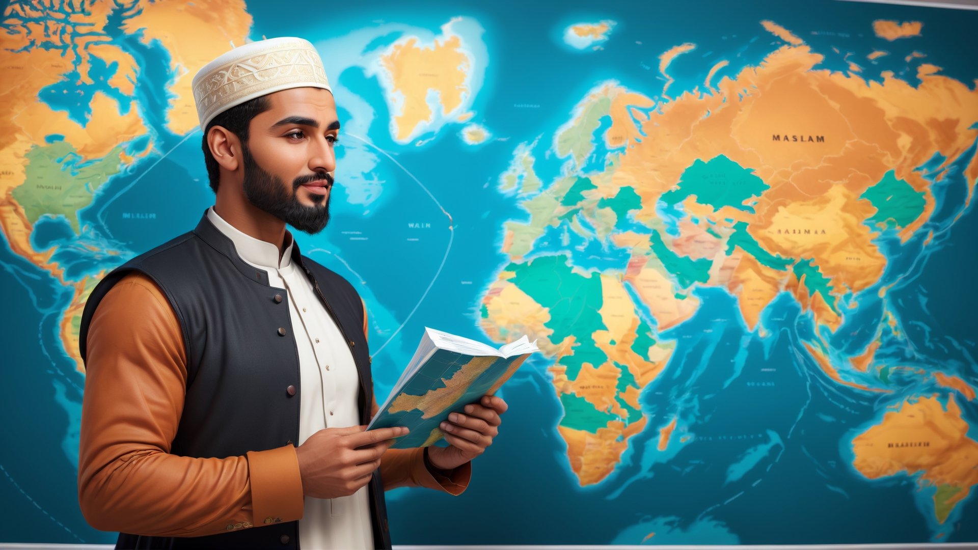 a detailed 8k illustration, handsome muslim man showing the plan on a world map on the wall, charismatic demeanor,  .  detailmaster2, 