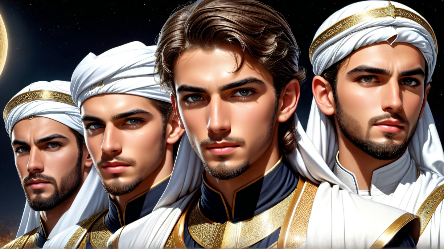 a detailed epic poster,   several handsome white muslim young men , history  , DonMASKTexXL , 