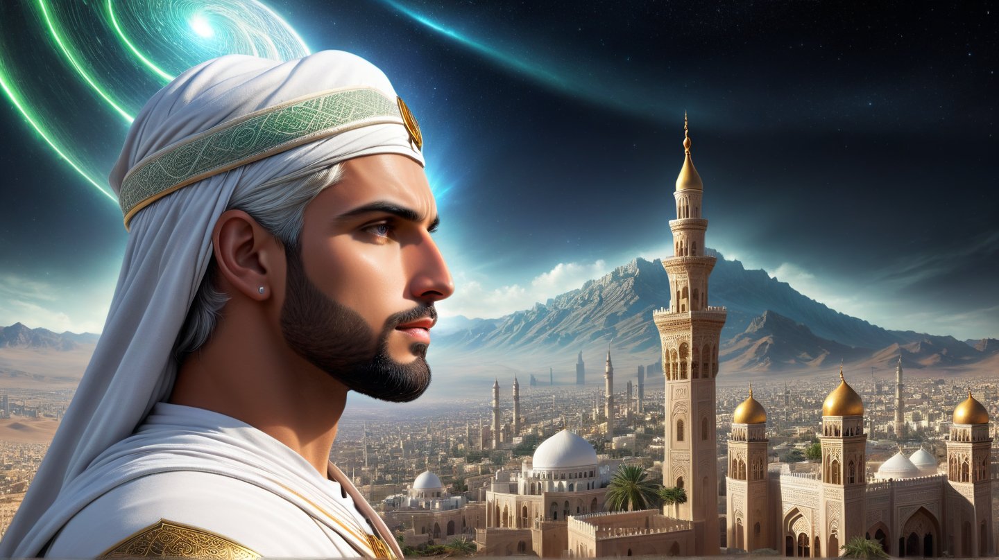 a detailed epic poster,   a handsome white muslim man looking towards an islamic city on high ground  , DonMASKTexXL , 