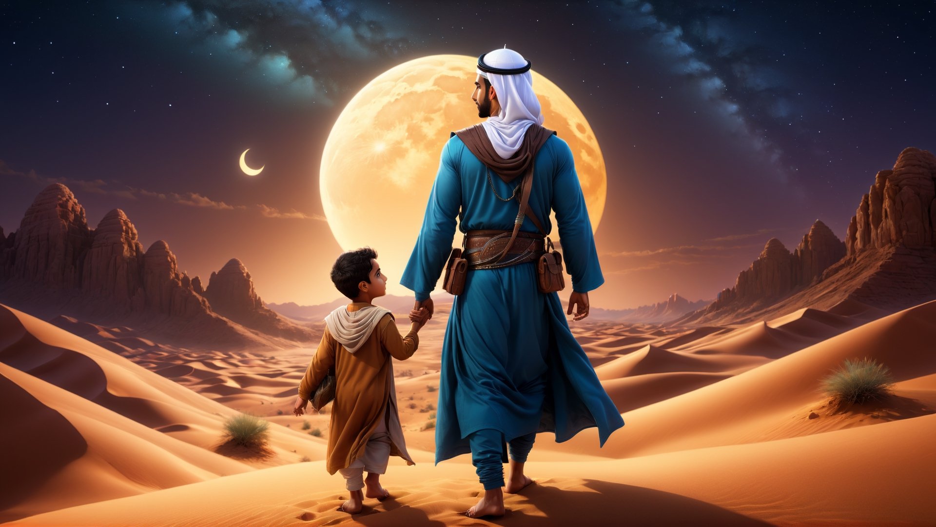 a detailed 8k illustration, a handsome muslim man helping small kids in the middle of desert at night, heroic demeanor, a majestic sky   .  detailmaster2, 