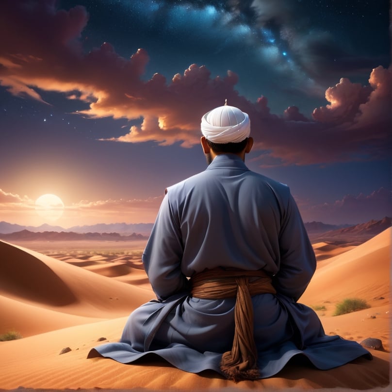 a detailed 8k illustration, a muslim man with sincere heart prostrating in the middle of desert at night facing away from camera, a majestic sky   .  detailmaster2, 