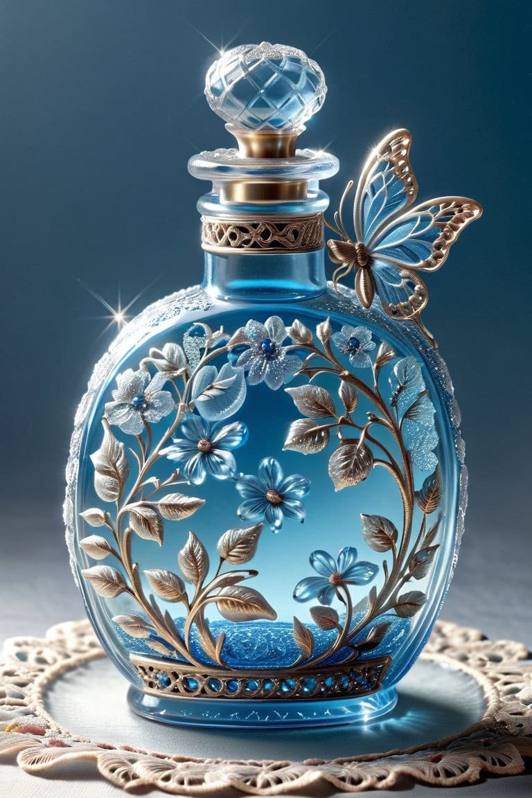 shine blue glass perfume bottle with butterfly decoration on top of a lace tablecloth, an engraving by Johanna Marie Fosie, flickr, art nouveau, antique perfume, perfume bottle, beautiful intricate glass bottle, pretty, beautiful”, beutiful, gorgeous, with soft blue colors, perfume, very cute, elegant. highly detailed,with cherry blossom on it ,glitter