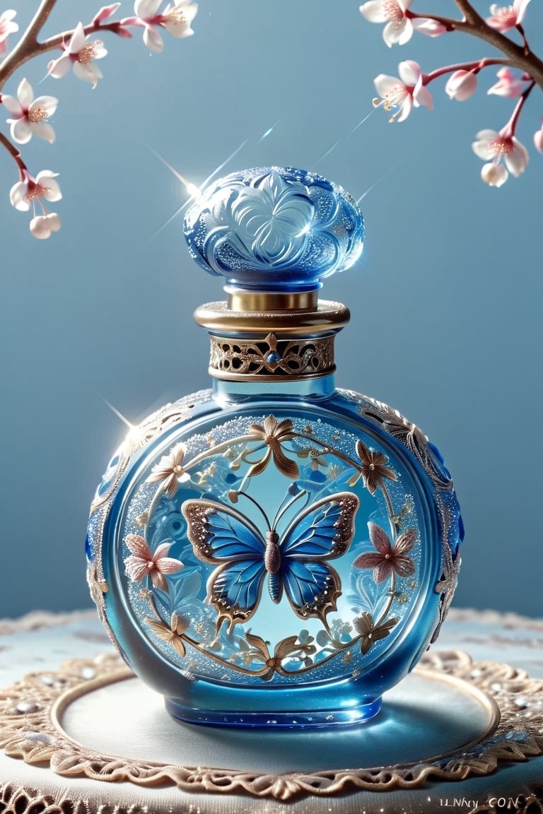 shine blue glass perfume bottle with butterfly decoration on top of a lace tablecloth, an engraving by Johanna Marie Fosie, flickr, art nouveau, antique perfume, perfume bottle, beautiful intricate glass bottle, pretty, beautiful”, beutiful, gorgeous, with soft blue colors, perfume, very cute, elegant. highly detailed,with cherry blossom on it ,glitter