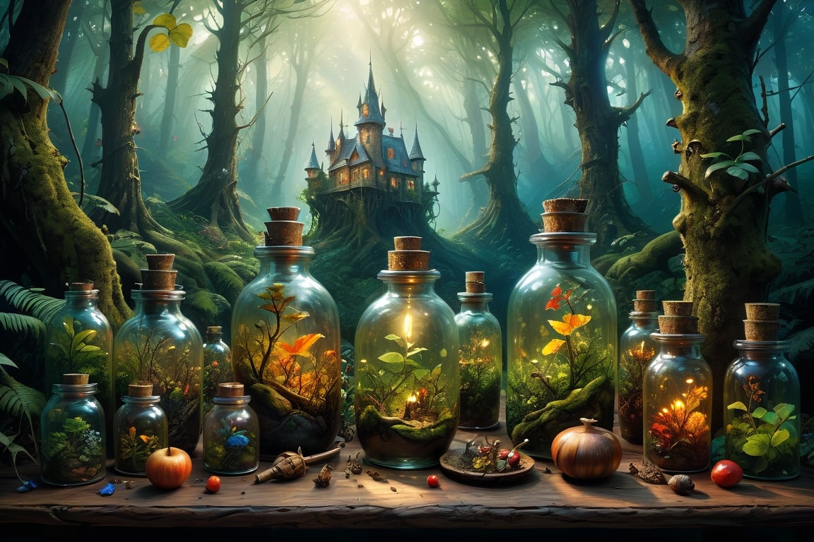 art by Mandy Disher, digital art 8k, Jean-Baptiste Monge style, art by cameron gray, masterpiece, best quality, high quality, extremely detailed CG unity 8k wallpaper, scenery, outdoors, sky, cloud, day, (An intricate forest minitown landscape trapped in a bottle), atmospheric oliva lighting, on the table, 4k UHD, dark vibes, hyper detailed, vibrant colours forest background, epic composition, octane render, sharp focus, high resolution isometric, Photorealistic, trending on artstation, trending on CGsociety, Intricate, dramatic, art by Razumov and Volegov, art by Carne Griffiths and Wadim Kashin rutkowski, hyperrealism painting