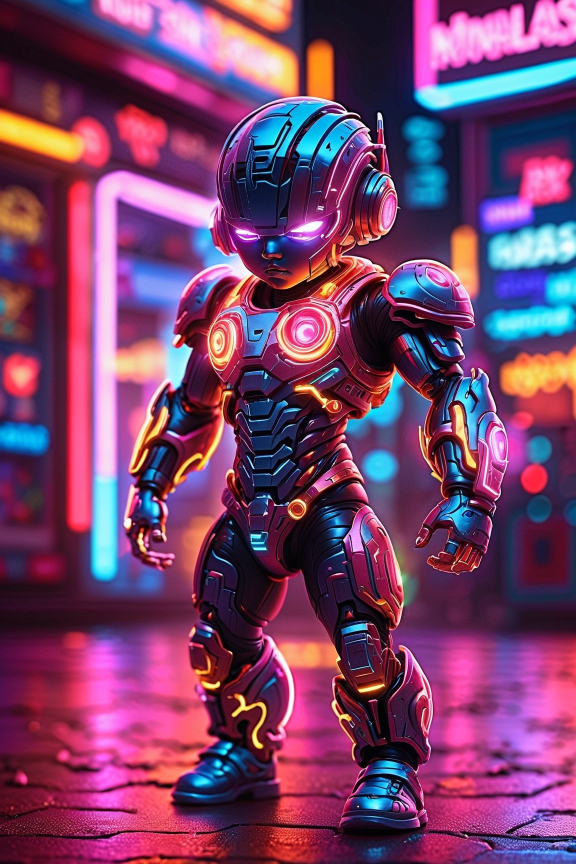 (best quality,8K,highres,masterpiece), ultra-detailed, (3D cyborg), cute and tiny boy rendered in 3D, transformed into a cyborg with neon glowing body parts. The boy's mechanical enhancements are adorned with vibrant colors, creating a visually stunning and colorful appearance. Each detail of the cyborg's design is meticulously crafted, from the intricacies of the mechanical components to the luminous glow of the neon lights. The overall composition exudes a sense of playfulness and wonder, inviting viewers into a futuristic world where technology and creativity collide in a mesmerizing display of artistry.