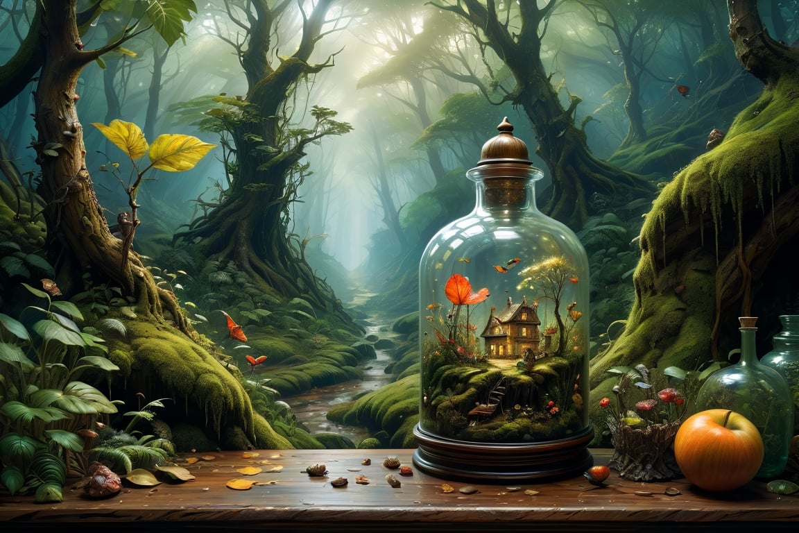 art by Mandy Disher, digital art 8k, Jean-Baptiste Monge style, art by cameron gray, masterpiece, best quality, high quality, extremely detailed CG unity 8k wallpaper, scenery, outdoors, sky, cloud, day, (An intricate forest minitown landscape trapped in a bottle), atmospheric oliva lighting, on the table, 4k UHD, dark vibes, hyper detailed, vibrant colours forest background, epic composition, octane render, sharp focus, high resolution isometric, Photorealistic, trending on artstation, trending on CGsociety, Intricate, dramatic, art by Razumov and Volegov, art by Carne Griffiths and Wadim Kashin rutkowski, hyperrealism painting