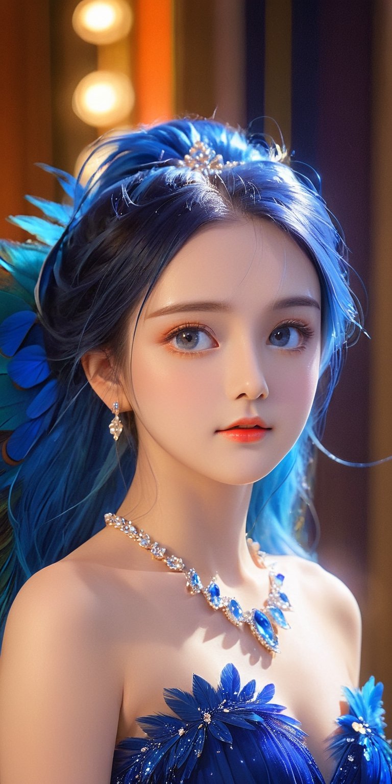 ((masterpiece))),(((best quality))),((super detailed)),((extremely delicate and beautiful)),cinematic light,detailed environment,(real),
1girl,solo,exposed collarbone,exposed shoulders,(Milky skin:1.2),(shiny skin:1.5),blue eyes, make-up,long blue hairs,free style,
jewelry,necklace,earrings,makeup,(brilliant 
 light and dark touquos dress:1.3),(full body:0.7),
A shot with tension,(xuer peacock feather),
ultra realistic,32k,RAW photo,(high detailed skin:1.2), 8k uhd, dslr, soft lighting, high quality, film grain
,cutegirlmix