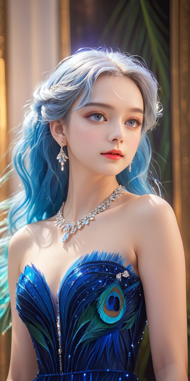 ((masterpiece))),(((best quality))),((super detailed)),((extremely delicate and beautiful)),cinematic light,detailed environment,(real),
1girl,solo,exposed collarbone,exposed shoulders,(Milky skin:1.2),(shiny skin:1.5),blue eyes, make-up,long blue hairs,free style,
jewelry,necklace,earrings,makeup,(brilliant 
 light and dark touquos dress:1.3),(full body:0.7),
A shot with tension,(xuer peacock feather),
ultra realistic,32k,RAW photo,(high detailed skin:1.2), 8k uhd, dslr, soft lighting, high quality, film grain
