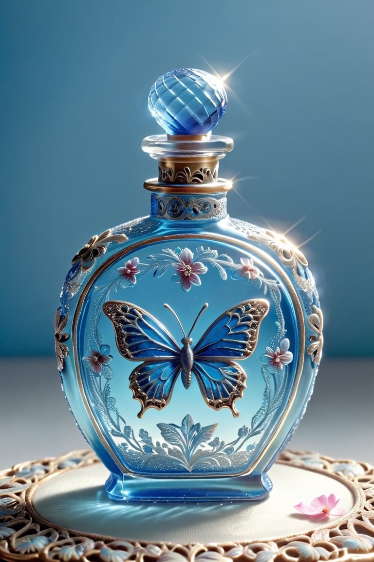 shine blue glass perfume bottle with butterfly decoration on top of a lace tablecloth, an engraving by Johanna Marie Fosie, flickr, art nouveau, antique perfume, perfume bottle, beautiful intricate glass bottle, pretty, beautiful”, beutiful, gorgeous, with soft blue colors, perfume, very cute, elegant. highly detailed,with cherry blossom on it ,glitter