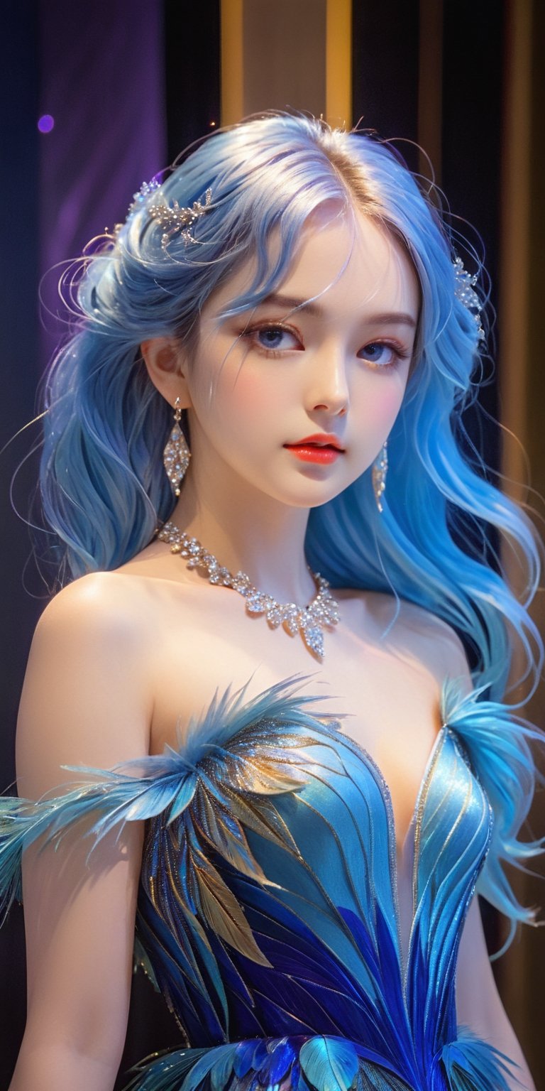 ((masterpiece))),(((best quality))),((super detailed)),((extremely delicate and beautiful)),cinematic light,detailed environment,(real),
1girl,solo,exposed collarbone,exposed shoulders,(Milky skin:1.2),(shiny skin:1.5),blue eyes, make-up,long blue hairs,free style,
jewelry,necklace,earrings,makeup,(brilliant 
 light and dark touquos dress:1.3),(full body:0.7),
A shot with tension,(xuer peacock feather),
ultra realistic,32k,RAW photo,(high detailed skin:1.2), 8k uhd, dslr, soft lighting, high quality, film grain
,cutegirlmix