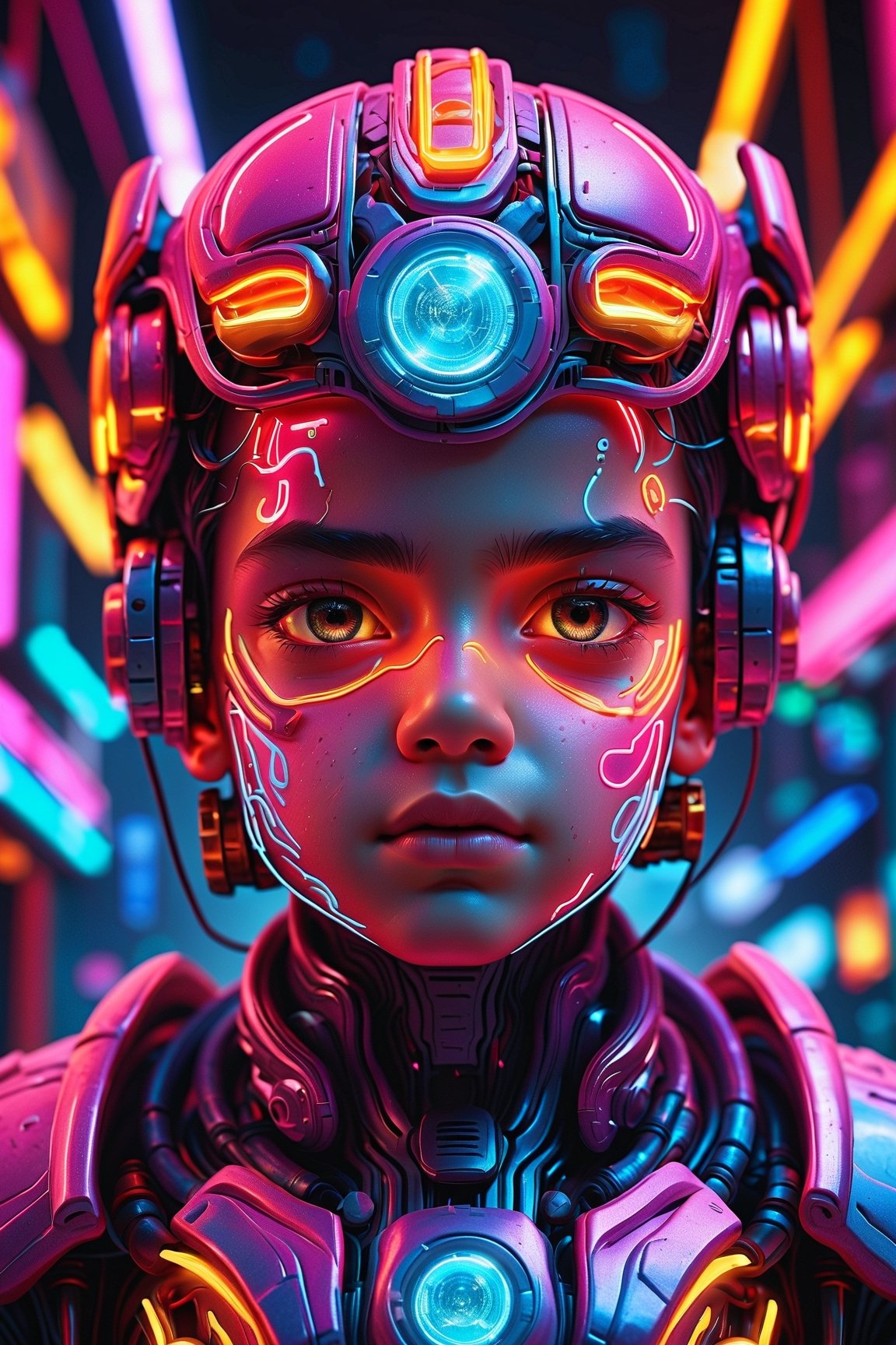 (best quality,8K,highres,masterpiece), ultra-detailed, (3D cyborg), cute and tiny boy rendered in 3D, transformed into a cyborg with neon glowing body parts. The boy's mechanical enhancements are adorned with vibrant colors, creating a visually stunning and colorful appearance. Each detail of the cyborg's design is meticulously crafted, from the intricacies of the mechanical components to the luminous glow of the neon lights. The overall composition exudes a sense of playfulness and wonder, inviting viewers into a futuristic world where technology and creativity collide in a mesmerizing display of artistry.