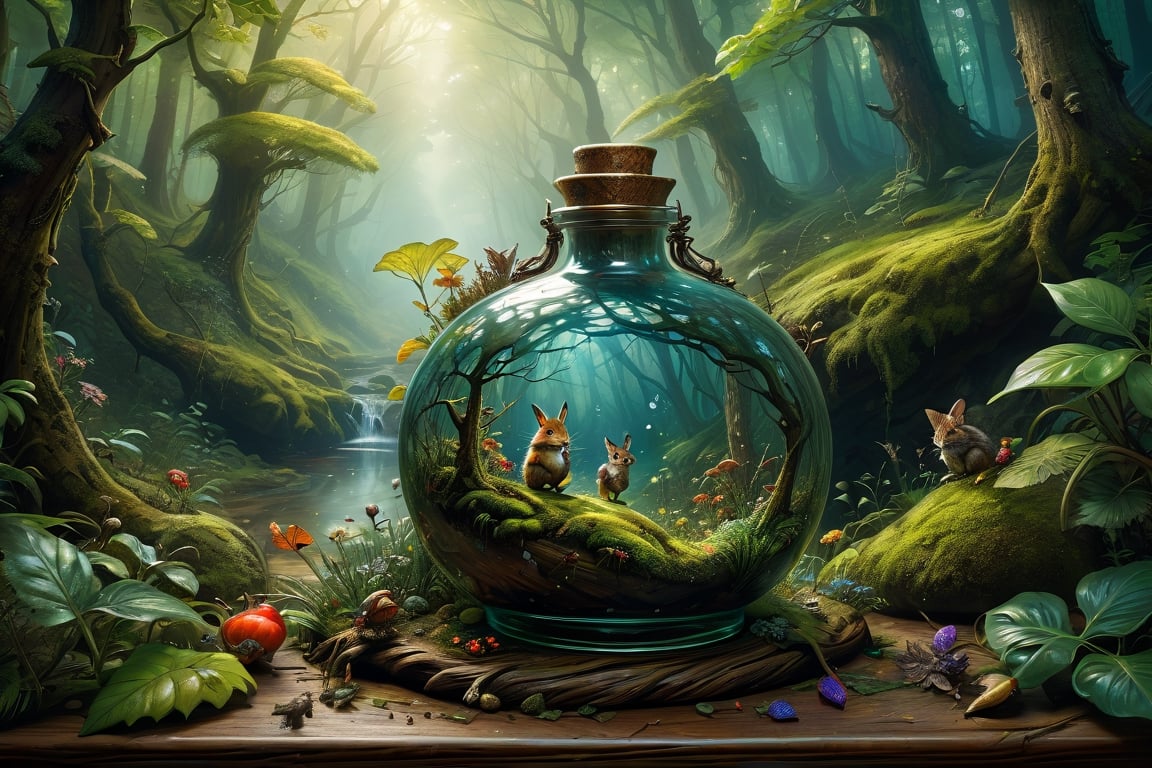 art by Mandy Disher, digital art 8k, Jean-Baptiste Monge style, art by cameron gray, masterpiece, best quality, high quality, extremely detailed CG unity 8k wallpaper, scenery, outdoors, sky, cloud, day, (An intricate forest minitown landscape trapped in a bottle), atmospheric oliva lighting, on the table, 4k UHD, dark vibes, hyper detailed, vibrant colours forest background, epic composition, octane render, sharp focus, high resolution isometric, Photorealistic, trending on artstation, trending on CGsociety, Intricate, dramatic, art by Razumov and Volegov, art by Carne Griffiths and Wadim Kashin rutkowski, hyperrealism painting