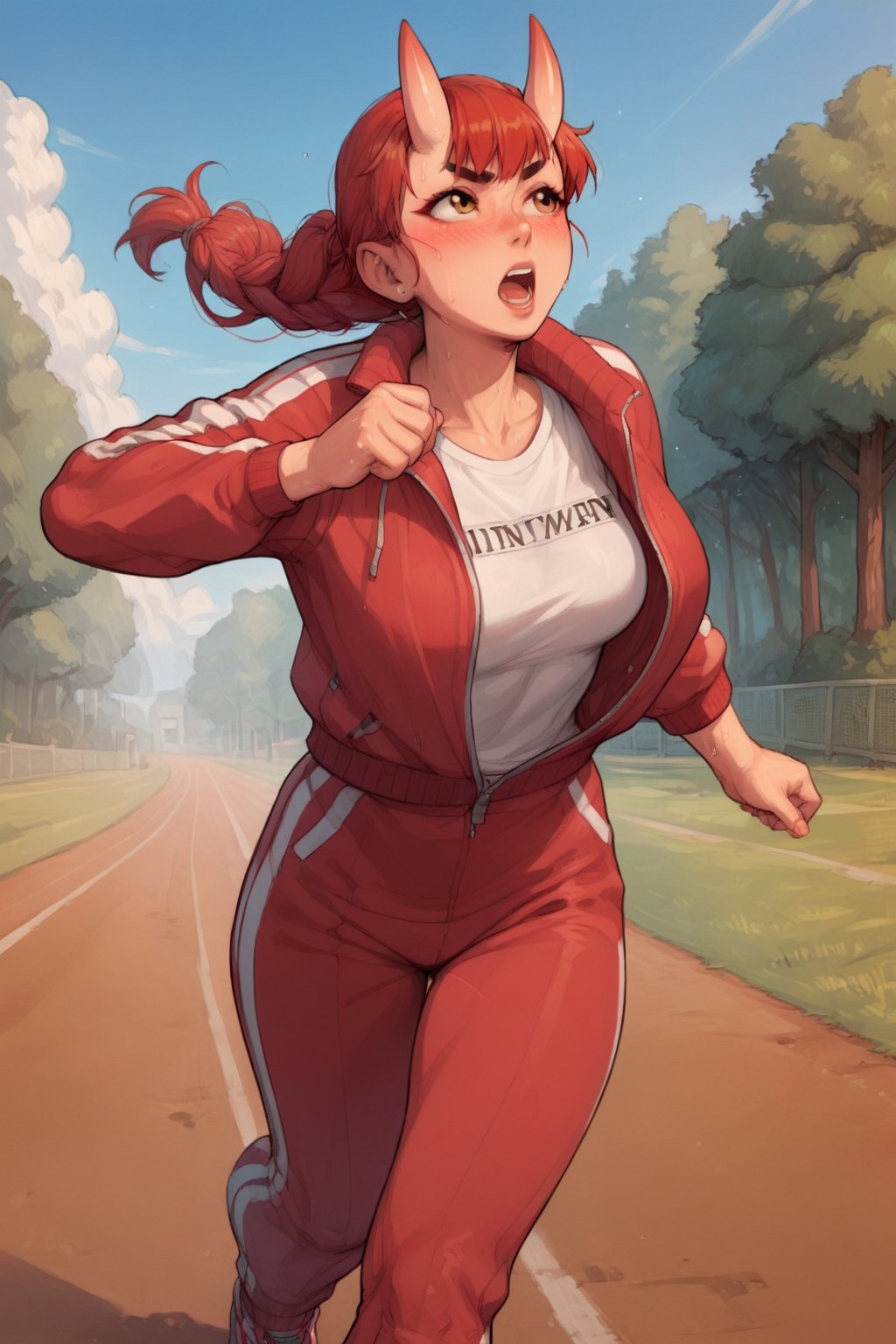 score_9, score_8_up, score_7_up, source_anime, 1girl, solo, AyameTracksuit, oni horns, long hair, red jacket, white shirt, clothes writing, red pants, track pants, running, outdoors, sweat, open mouth, blush, 