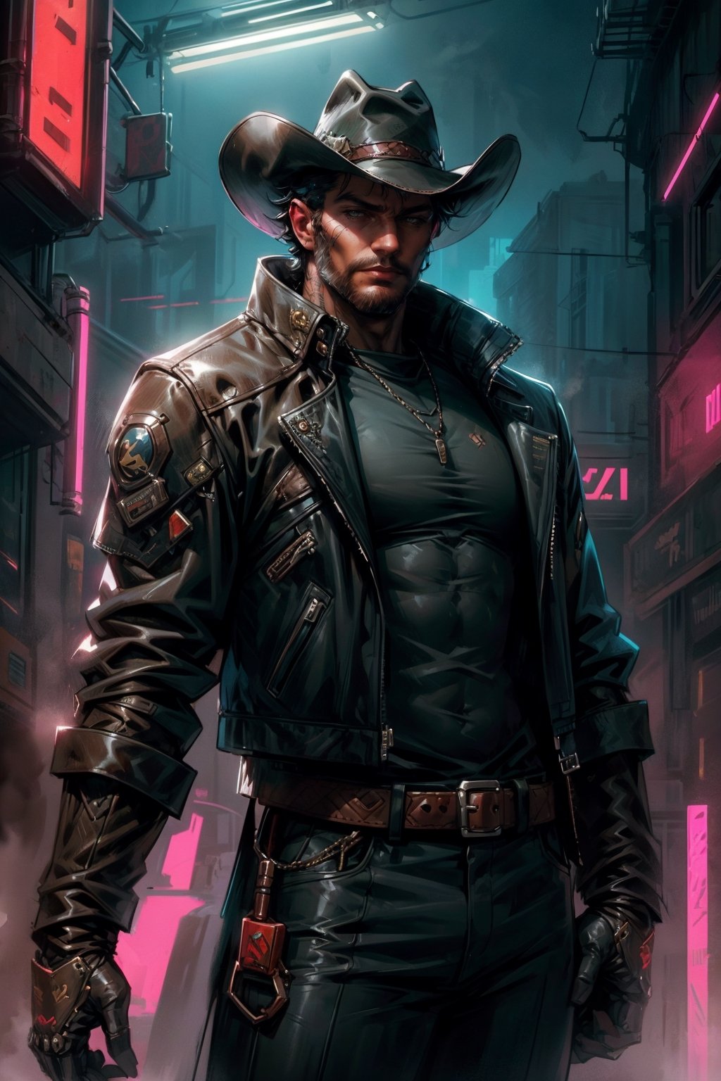 cowboy shot of a man, using a cyberpunk cowboy outfit, armor arms, cowboy hat, leather jacket, suit