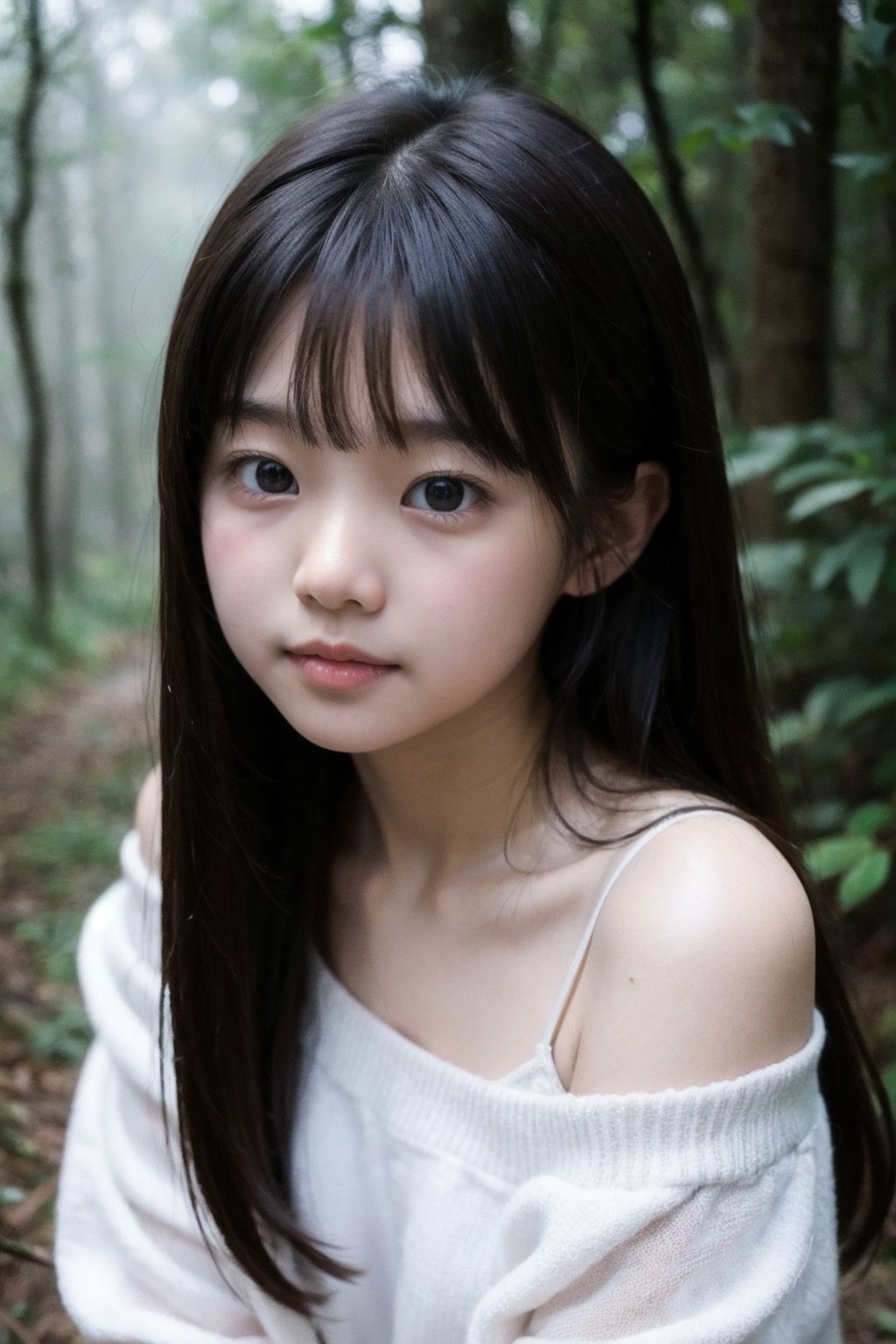 主：(deep in the misty woods),(((face photo))),
人：1litte 1kid 7yo gril (Child:1.2), Korean beauty,
優：With a very high artistic composition style,
髮：(long hair),(((bangs))), 
服：Off-the-shoulder,