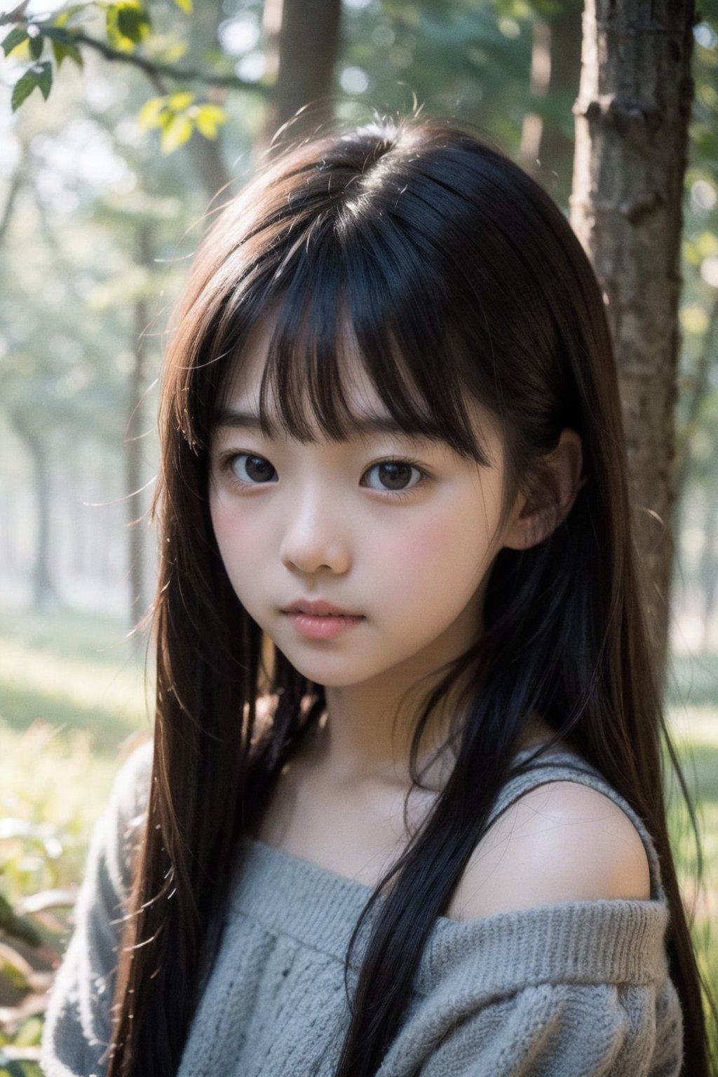 主：(deep in the misty woods),(((face photo))),
人：1litte 1kid 7yo gril (Child:1.2), Korean beauty,
優：With a very high artistic composition style,
髮：(long hair),(((bangs))), 
服：Off-the-shoulder,