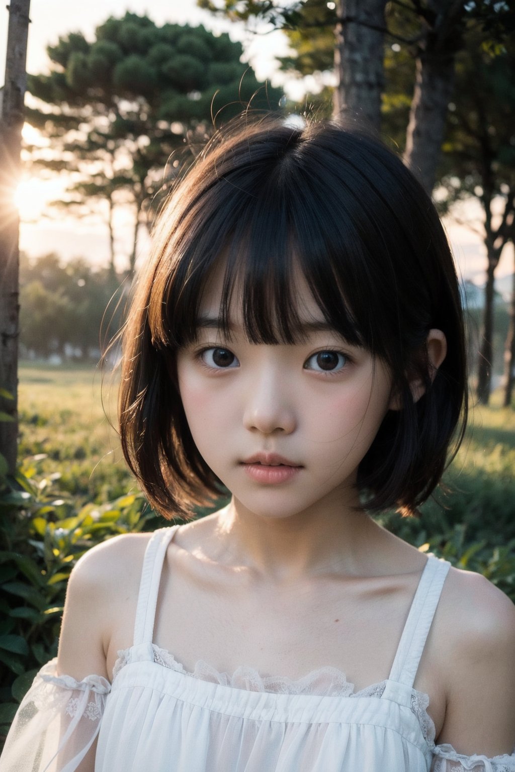 主：(Misty woods under sunset),(((face photo))),
人：1litte 1kid 7yo gril (Child:1.2), Korean beauty,
優：With a very high artistic composition style,Film photo texture,
髮：(((bangs))),(((bright short hair))),
服：Off-the-shoulder,Open collar sheer tulle,