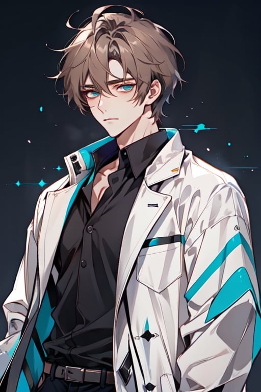 masterpiece, highly_detailed, 1_guy, alone, white_coat, shaggy_hair, middle_length_hair, light_brown_hair, fair_skin, teal_eyes, thick_body, laboratory_background, nervous, chemist, handsome,best quality,Color, black_shirt, simple, simple_clothes