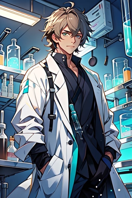 masterpiece, highly_detailed, 1_guy, alone, white_coat, shaggy_hair, middle_length_hair, light_brown_hair, fair_skin, teal_eyes, thick_body, laboratory_background, holding_test_tubes, nervous, chemist, handsome, anime_style,best quality,Colors,nodf_lora