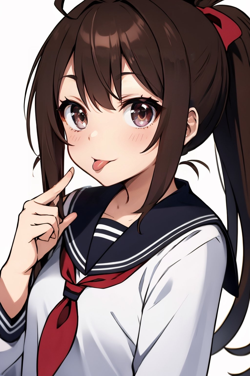 (masterpiece),(best quality), 

(closed mouth:1.1), upper body, ahoge,  (hand up:1.2), tongue out,  :p, akanbe,

1girl, solo, long hair, looking at viewer, simple background, brown hair, long sleeves, white background, brown eyes, school uniform, upper body, serafuku, tongue, tongue out, sailor collar, neckerchief, :p, red neckerchief,  folded ponytail, akanbe