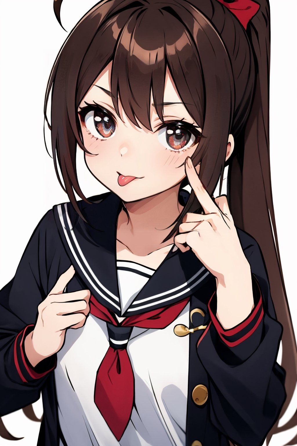 (masterpiece),(best quality), 

(closed mouth:1.1), upper body, ahoge,  (hand up:1.2), tongue out,  :p, akanbe,

1girl, solo, long hair, looking at viewer, simple background, brown hair, long sleeves, white background, brown eyes, upper body, tongue, tongue out, neckerchief, :p, folded ponytail, akanbe