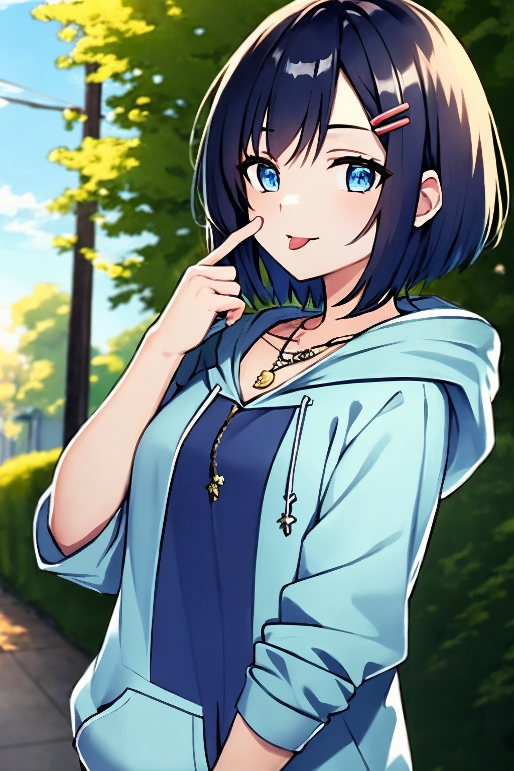 (masterpiece),(best quality), 

(closed mouth:1.1), upper body, (hand up:1.2), tongue out, akanbe,

open clothes, shorts, blue eyes, necklace, blue shirt, outdoors, hood,

hair ornament, upper body, outdoors, hairclip, hoodie, short hair,  hand_up