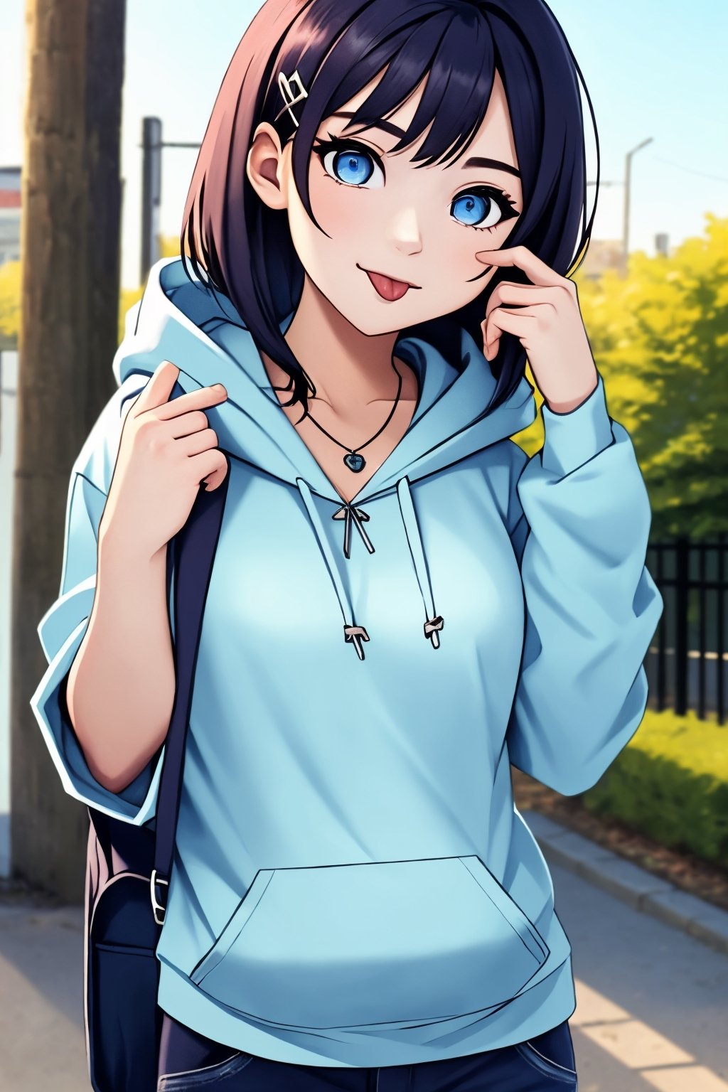 (masterpiece),(best quality), 

(closed mouth:1.1), upper body, (hand up:1.2), tongue out, akanbe,

open clothes, shorts, blue eyes, necklace, blue shirt, outdoors, hood,

hair ornament, upper body, outdoors, hairclip, bag, hoodie, hood down, hooded jacket,