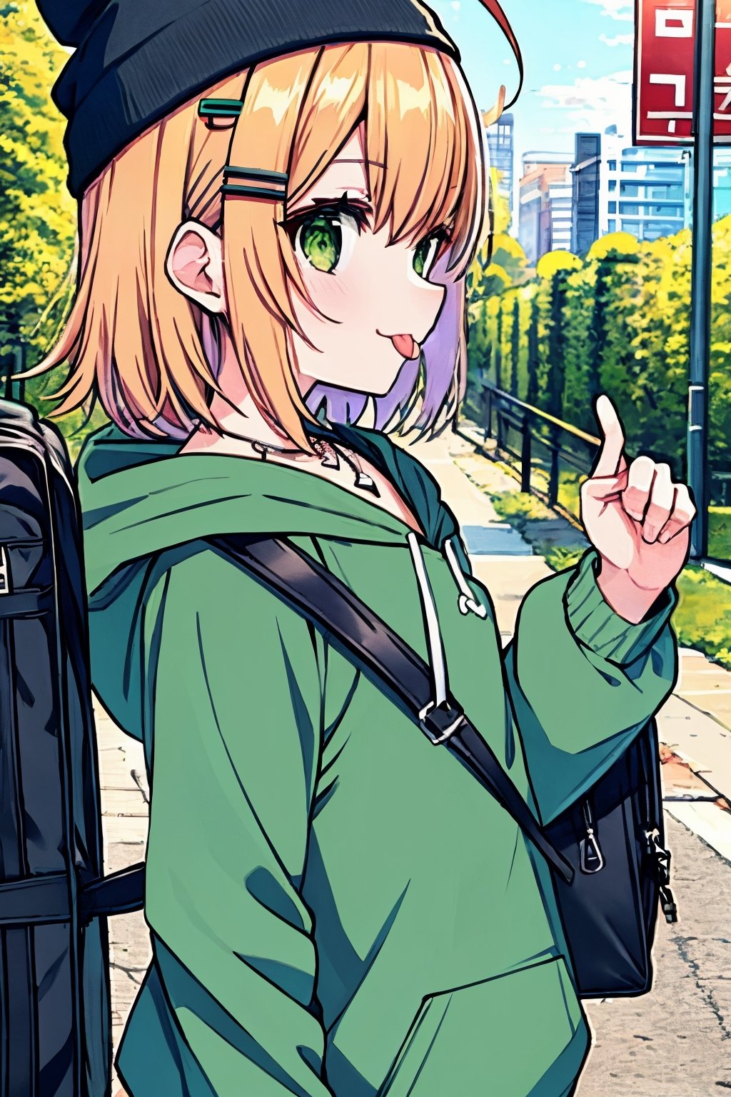 (masterpiece),(best quality), 

(closed mouth:1.1), upper body, ahoge,  (hand up:1.2), tongue out,  :p, akanbe,

open clothes, shorts, green eyes, necklace, green shirt, outdoors, hood,

hair ornament, upper body, outdoors, solo focus, hairclip, bag, from side, black headwear, hoodie, profile, backpack, hood down, hooded jacket, sign, beanie, black bag