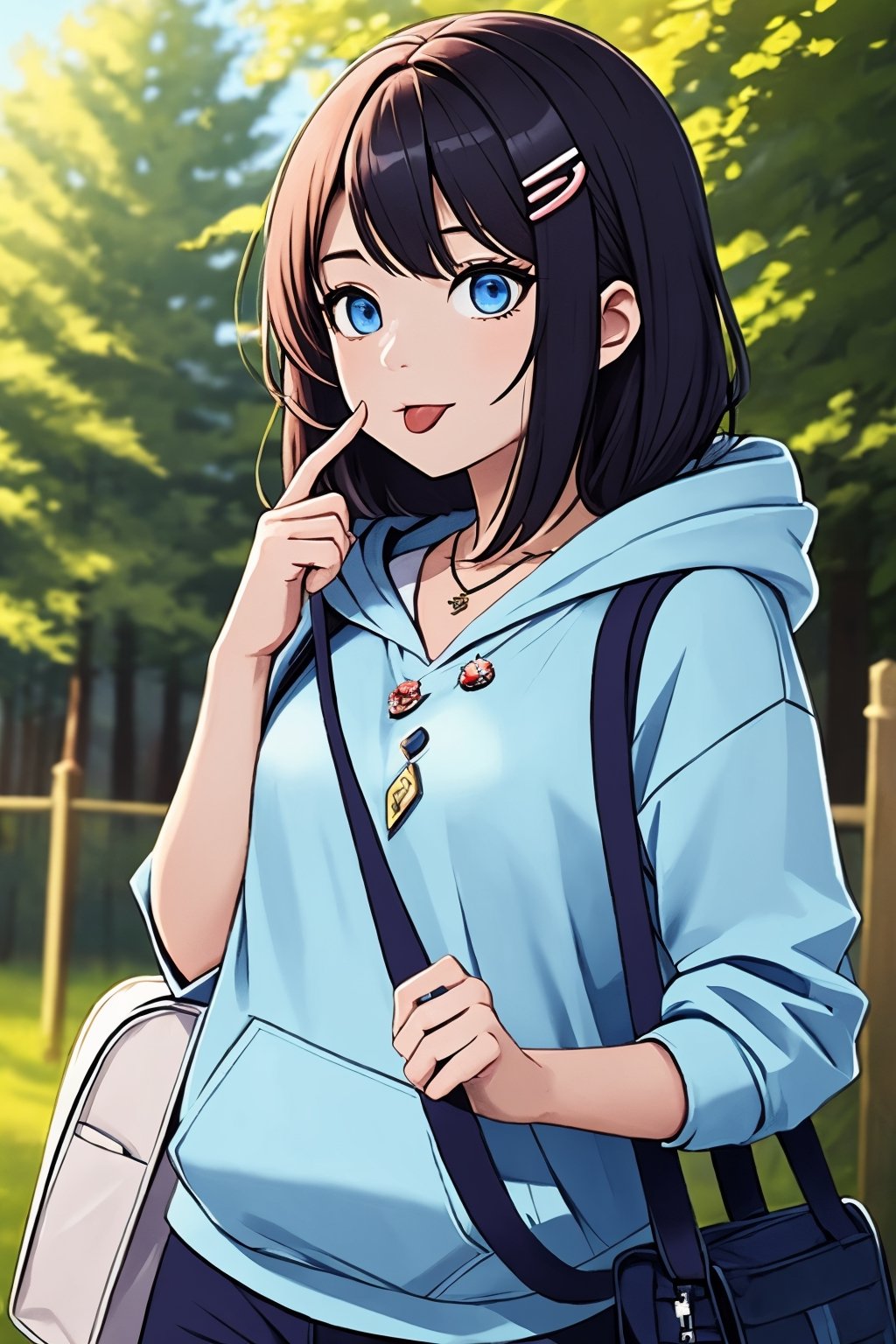 (masterpiece),(best quality), 

(closed mouth:1.1), upper body, (hand up:1.2), tongue out, akanbe,

open clothes, shorts, blue eyes, necklace, blue shirt, outdoors, hood,

hair ornament, upper body, outdoors, hairclip, bag, hoodie, hood down, hooded jacket,