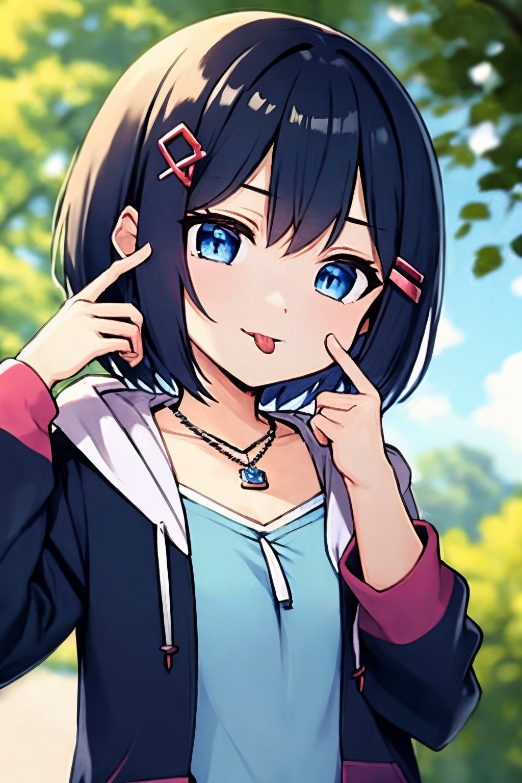 (masterpiece),(best quality), 

(closed mouth:1.1), upper body, (hand up:1.2), tongue out, akanbe,

open clothes, shorts, blue eyes, necklace, blue shirt, outdoors, hood,

hair ornament, upper body, outdoors, hairclip, hoodie, short hair,  hand_up