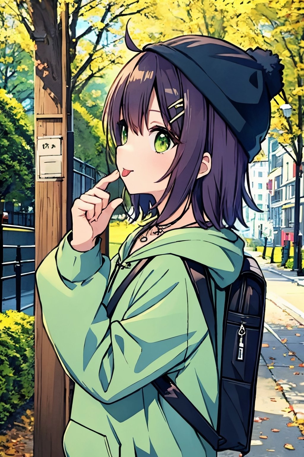 (masterpiece),(best quality), 

(closed mouth:1.1), upper body, ahoge,  (hand up:1.2), tongue out,  :p, akanbe,

open clothes, shorts, green eyes, necklace, green shirt, outdoors, hood,

hair ornament, upper body, outdoors, solo focus, hairclip, bag, from side, black headwear, hoodie, profile, backpack, hood down, hooded jacket, sign, beanie, black bag