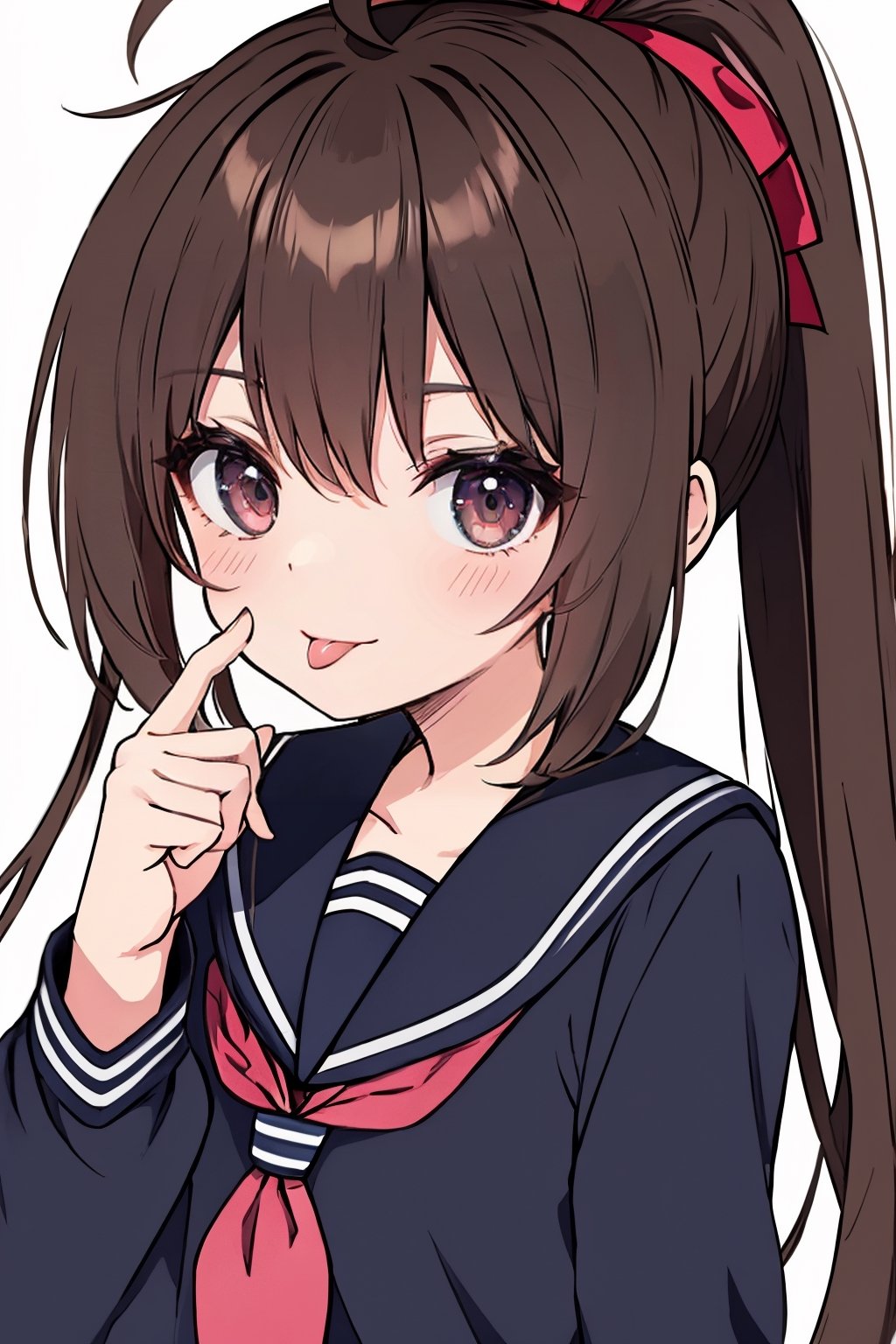 (masterpiece),(best quality), 

(closed mouth:1.1), upper body, ahoge,  (hand up:1.2), tongue out,  :p, akanbe,

1girl, solo, long hair, looking at viewer, simple background, brown hair, long sleeves, white background, brown eyes, school uniform, upper body, serafuku, tongue, tongue out, sailor collar, neckerchief, blue sailor collar, :p, red neckerchief, black sailor collar, folded ponytail, akanbe