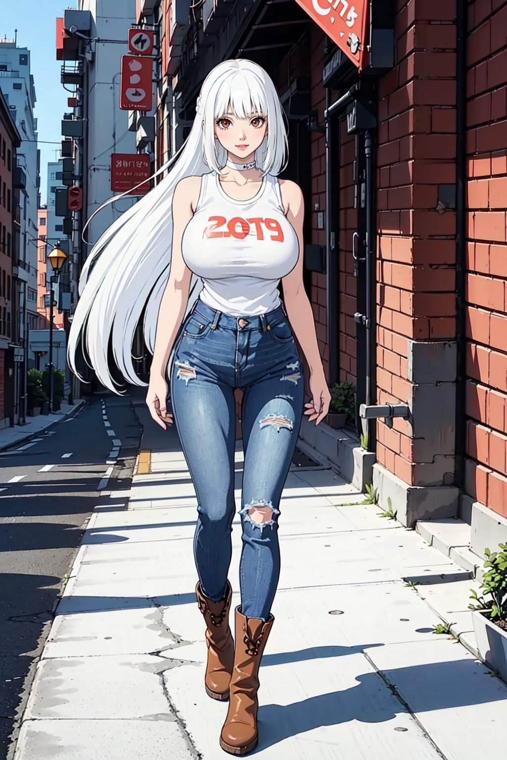 masterpiece, high quality, HD, beautiful, 1 girl, 19 years old tiny girl, perfect slim body, thick, long haircut, (white hair:2.0), (huge round breast:1.5), cute smile, (T-shirt with sleeveless neckline and jeans and brown boots:1.4), full body, in the city, daytime, seductive posing