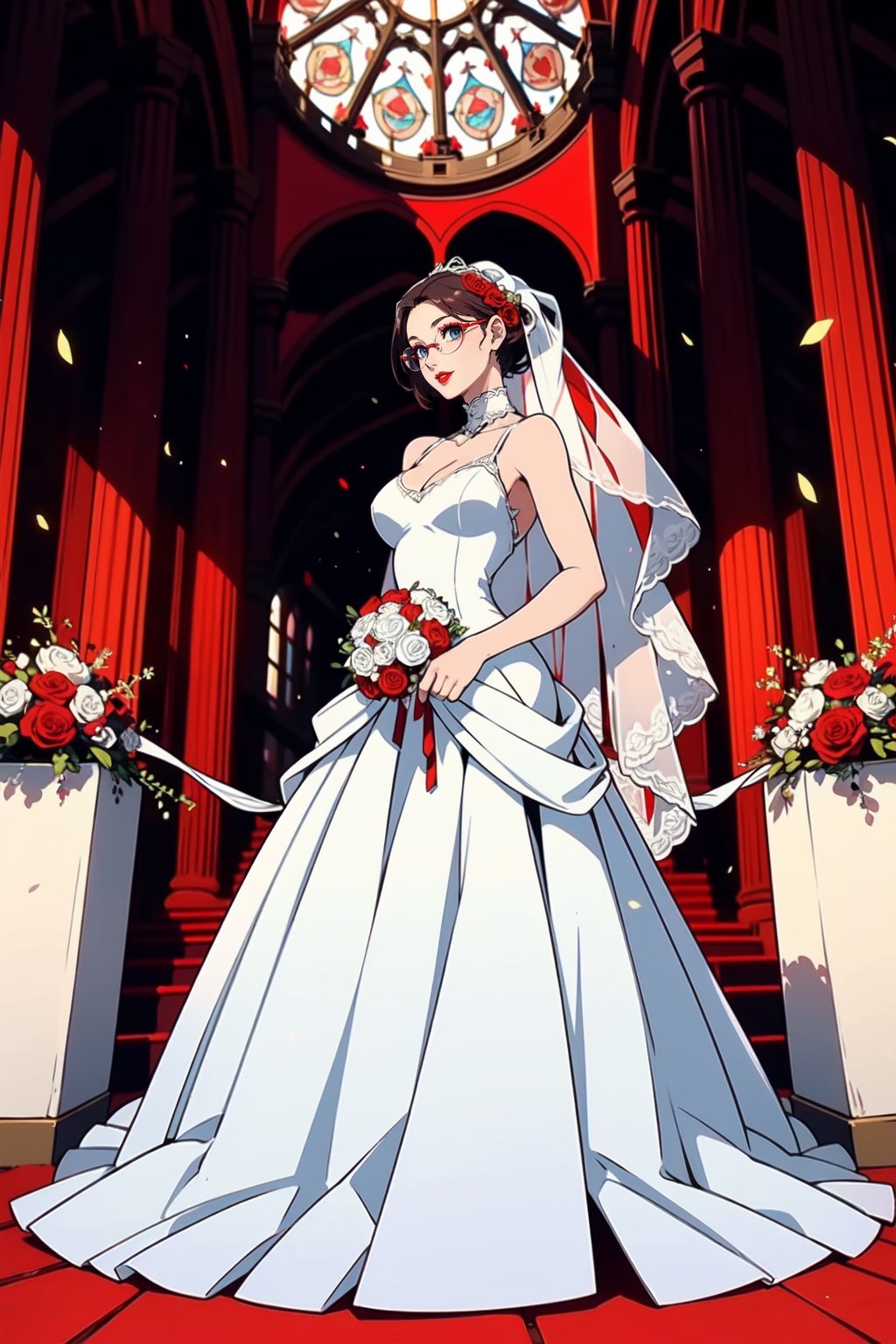 masterpiece, high quality, HD, beautiful, 1 girl, 21 years old woman, perfect slim body, blue eyes, long dark hair, (big round breast:1.5), seductive smile, (red lipstick:1.4), (white wedding dress:1.4), short glasses, full body, in a church, daylight, rgbcolor