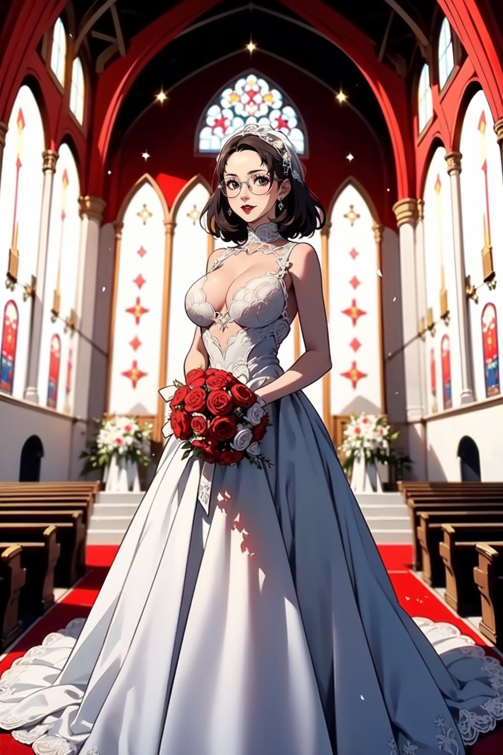 masterpiece, high quality, HD, beautiful, 1 girl, 21 years old woman, perfect slim body, long dark hair, (big round breast:1.4), seductive smile, (red lipstick:1.4), (white wedding dress:1.4), short glasses, full body, in a church, daylight, rgbcolor