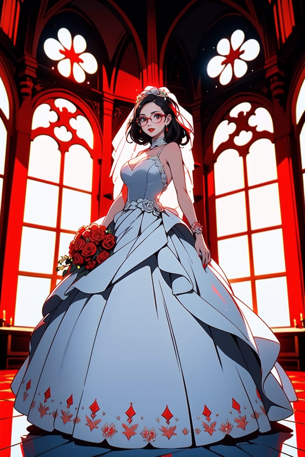 masterpiece, high quality, HD, beautiful, 1 girl, 21 years old woman, perfect slim body, long dark hair, (big round breast:1.4), seductive smile, (red lipstick:1.4), (white wedding dress:1.4), short glasses, full body, in a church, daylight, rgbcolor, blacklight