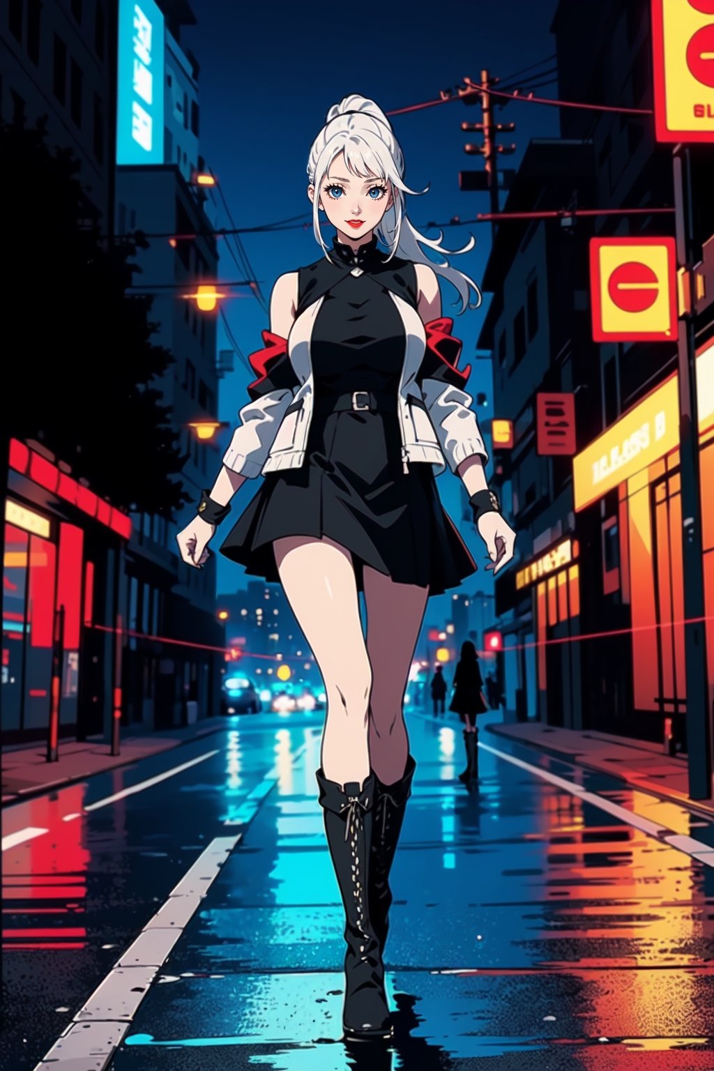 masterpiece,  high quality,  HD,  beautiful,  1 girl, 21 years old teenage, perfect slim body, blue eyes, white hair, long ponytail, (big round breast:1.4), seductive smile, red lipstick, (black skirt  and  no sleeves jacket and boots:1.4), full body, walking in the city, daytime, blacklight