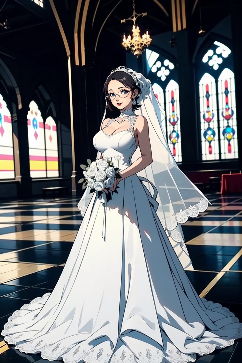 masterpiece, high quality, HD, beautiful, 1 girl, 21 years old woman, perfect slim body, blue eyes, long dark hair, (big round breast:1.5), seductive smile, (dark lipstick:1.4), (white wedding dress:1.4), short glasses, full body, in a church, daylight, rgbcolor