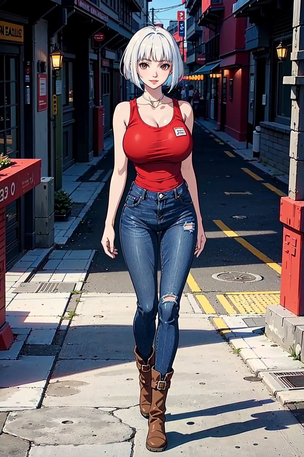 masterpiece, high quality, HD, beautiful, 1 girl, 19 years old tiny girl, perfect slim body, thick,(long white haircut:1.5), (huge round breast:1.5), cute smile, (red T-shirt with sleeveless neckline and blue jeans and brown boots:1.4), full body, alone in the city, daytime, seductive posing