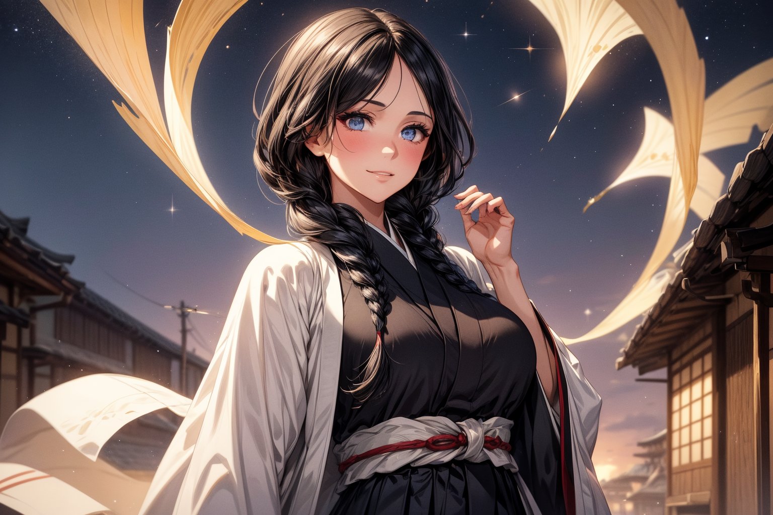 Unohana Retsu stands regally in the foreground, against a backdrop of star-studded night sky, her piercing gaze locking onto the viewer's. A warm smile spreads across her face, framed by long eyelashes and dramatic eyeliner. Her striking features are accentuated by her raven-black kimono and skirt, blending seamlessly with shadows, while her crisp white coat adds elegance. A single braid cascades down her back like a golden river. Her mature figure is emphasized by her generous bust. In the subtle background, Japanese architecture's serene beauty subtly reflects the celestial setting.