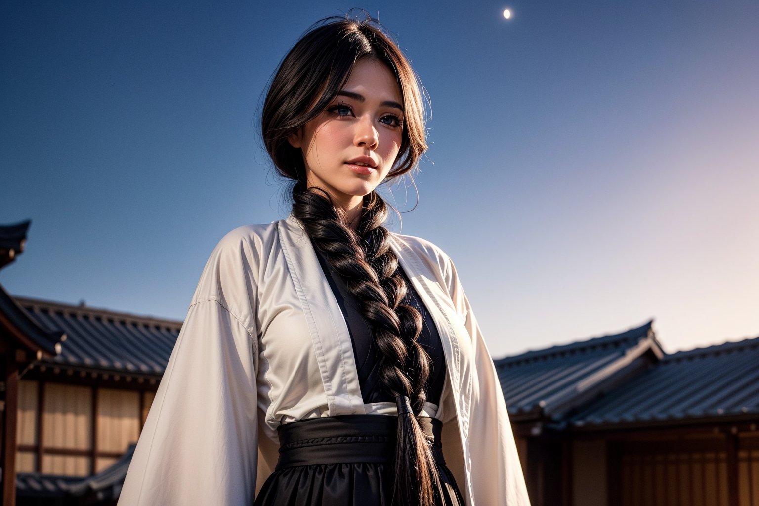 Unohana Retsu stands regally in the foreground, against a backdrop of star-studded night sky, her piercing gaze locking onto the viewer's. A warm smile spreads across her face, framed by long eyelashes and dramatic eyeliner. Her striking features are accentuated by her raven-black kimono and skirt, blending seamlessly with shadows, while her crisp white coat adds elegance. A single braid cascades down her back like a golden river. Her mature figure is emphasized by her generous bust. In the subtle background, Japanese architecture's serene beauty subtly reflects the celestial setting.