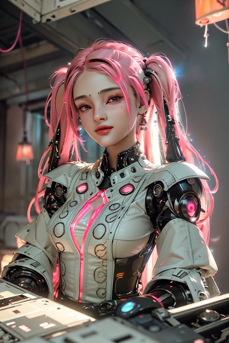 ((high resolution)), ((UHD)), ((incredibly absurdres)), break. ((One android girl)), break. ((pink twintail hair:1.5)), ((upper body:1.5)), ((looking at camera:1.2)), break. ((in the cyberstyle city)), ((slender boby)), ((intricate internal structure)), open arms, ((brighten parts:1.5)), break. ((extremely detailed mecha suit:1.2)), break. (robotic arms), (robotic legs), (robotic hands), ((robotic joint:1.3)), break. Cinematic angle, looking at viewer, smiling face, ultra fine quality, masterpiece, best quality, incredibly absurdres, fhighly detailed, sharp focus, (photon mapping, radiosity, physically-based rendering, automatic white balance), masterpiece, best quality, Mecha body, furure_urban, incredibly absurdres, In a neon-drenched cyberpunk world, a stunning 20-year-old woman wears  saree fully covered, navel covered with transparent saree  glistening under Tron-like lights.  as vibrant Matrix-inspired hues of electric blue and fiery orange dance across her features.,Saree ,
