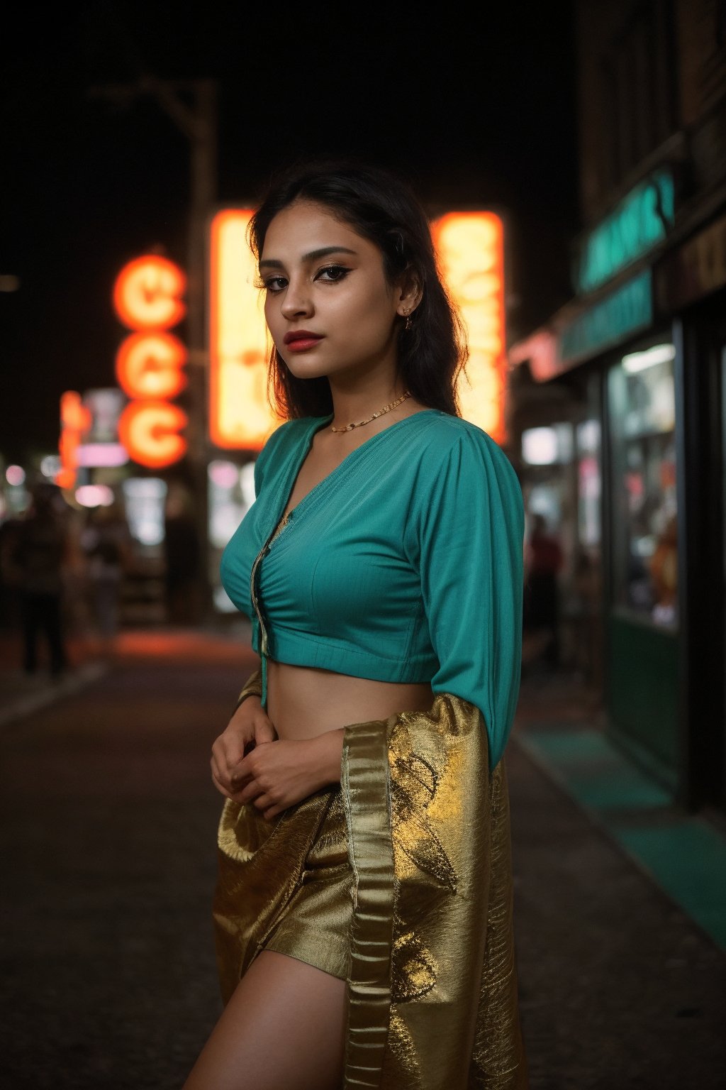 A stylish brown-skinned woman stands out against the sleek, teal-hued cityscape in a Matrix-inspired scene. The warm glow of streetlights and neon signs casts an orange filter over her, creating a striking contrast with the cool urban backdrop. She exudes confidence as she gazes out into the distance, her pose a fusion of strength and sophistication.