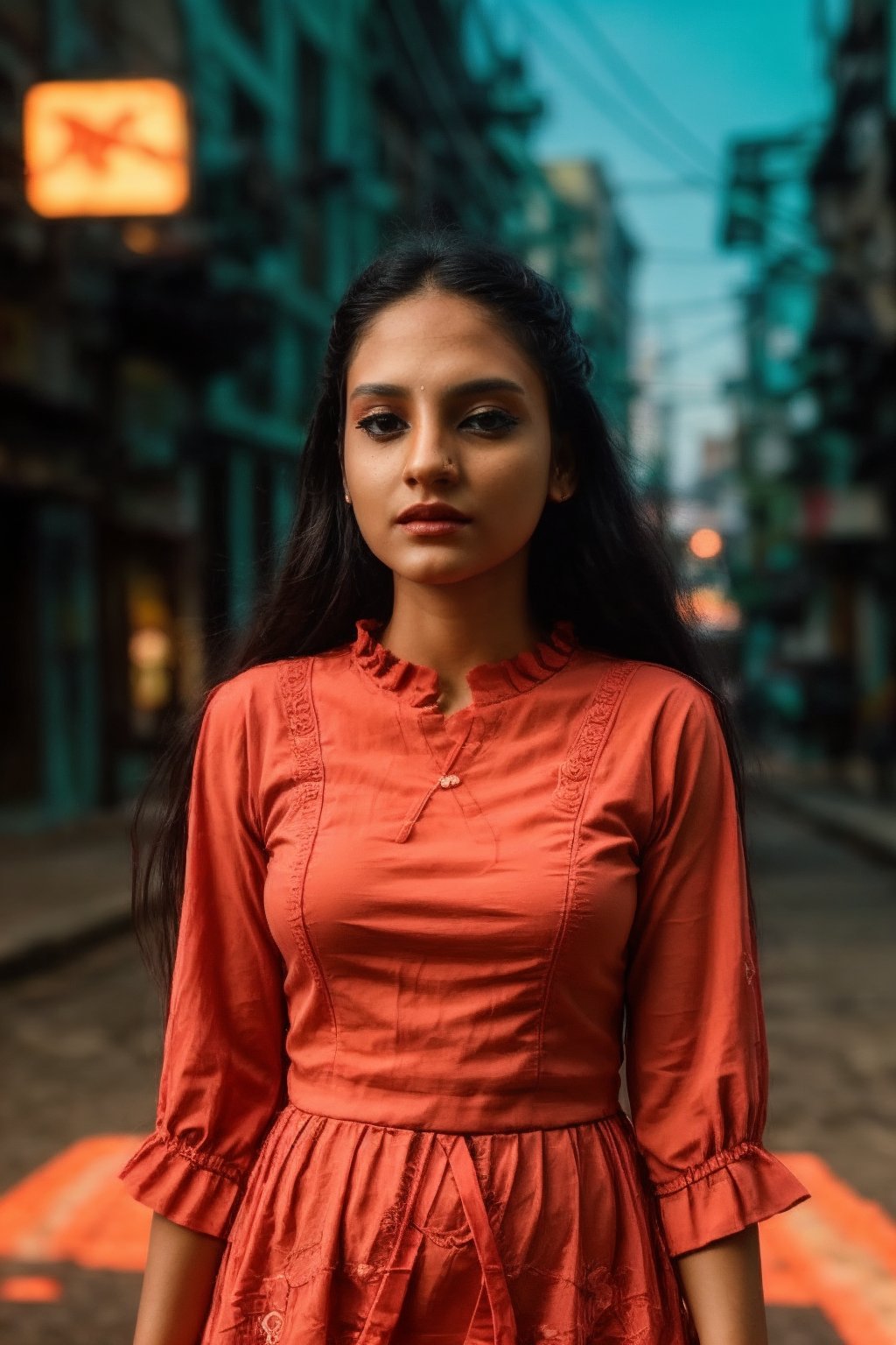 Brown skin woman in a city, matrix movie scene, matrix movie colour grading, stylish, cool background and warm foreground colour , teal background colour grading, orange foreground colour grading